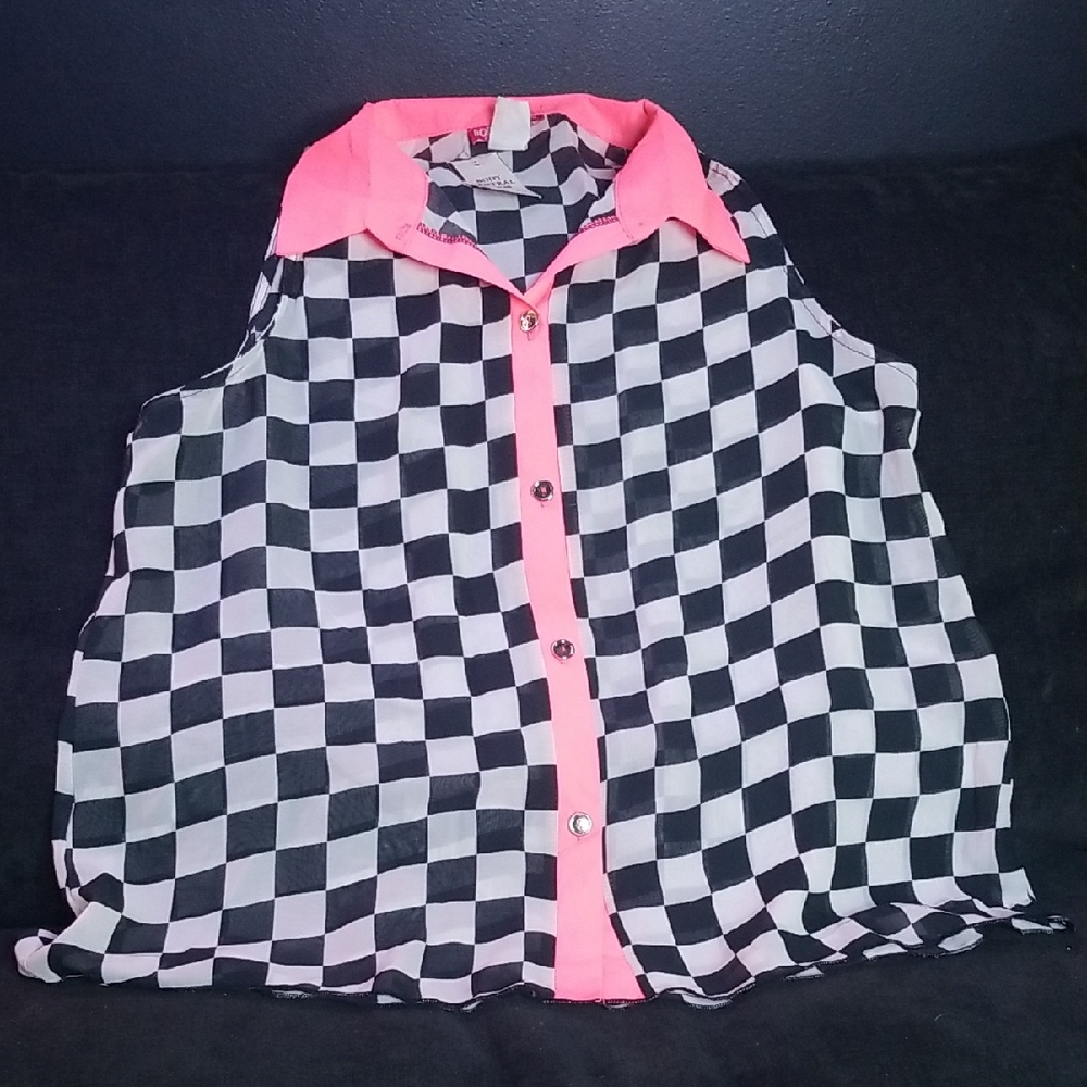 Body Central Black and White Checkered Button Down Shirt with Pink Accents